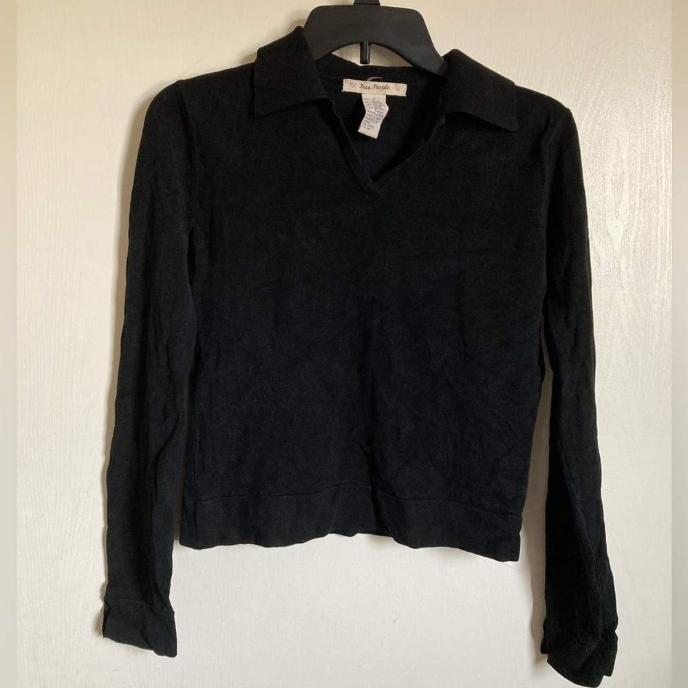 *Free People Black V-Neck Women’s Cropped Collared Medium Long Sleeve Sweater#Gy